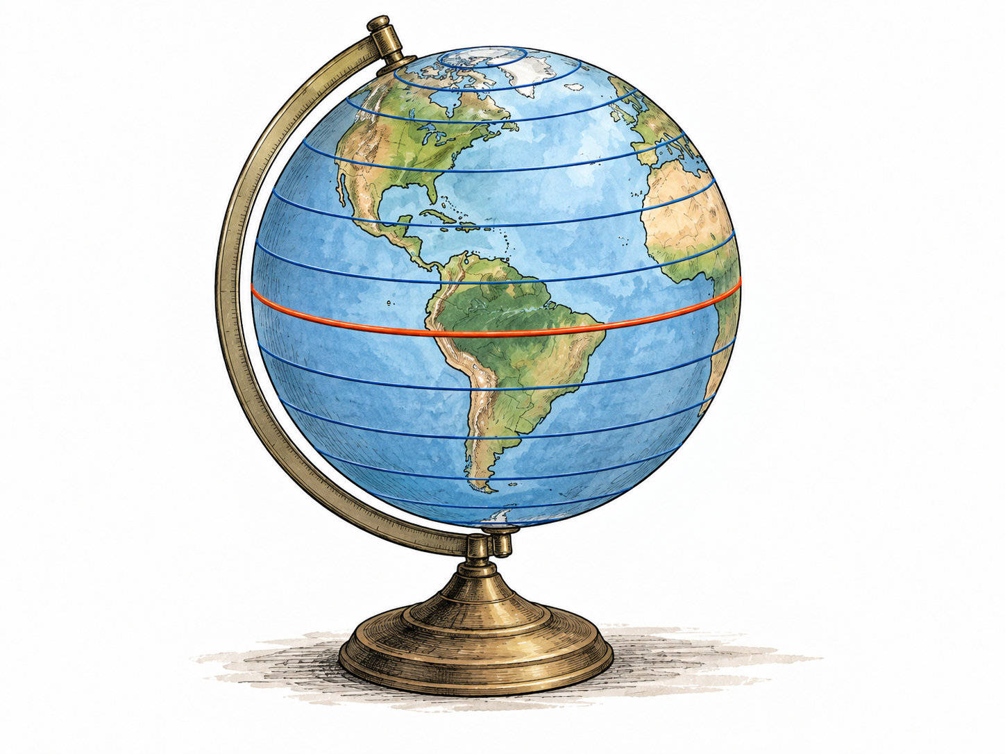 An unlabeled globe with parallel latitude circles and a prominent equator.