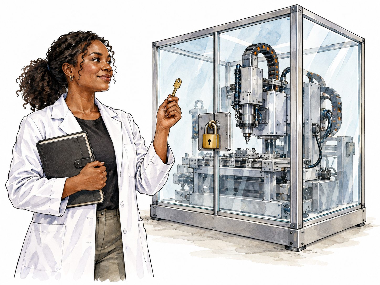 A locked proprietary industrial machine behind transparent protective glass, closed design notebook and key held by its female engineer, Black adult.