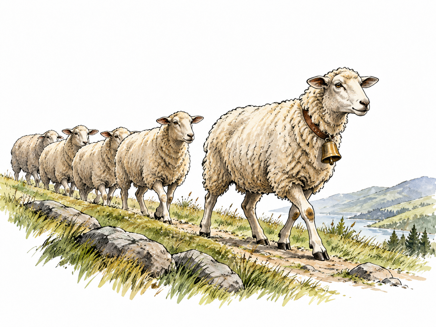 A leading sheep wearing a small bell guides a flock, literal trend-indicator origin.