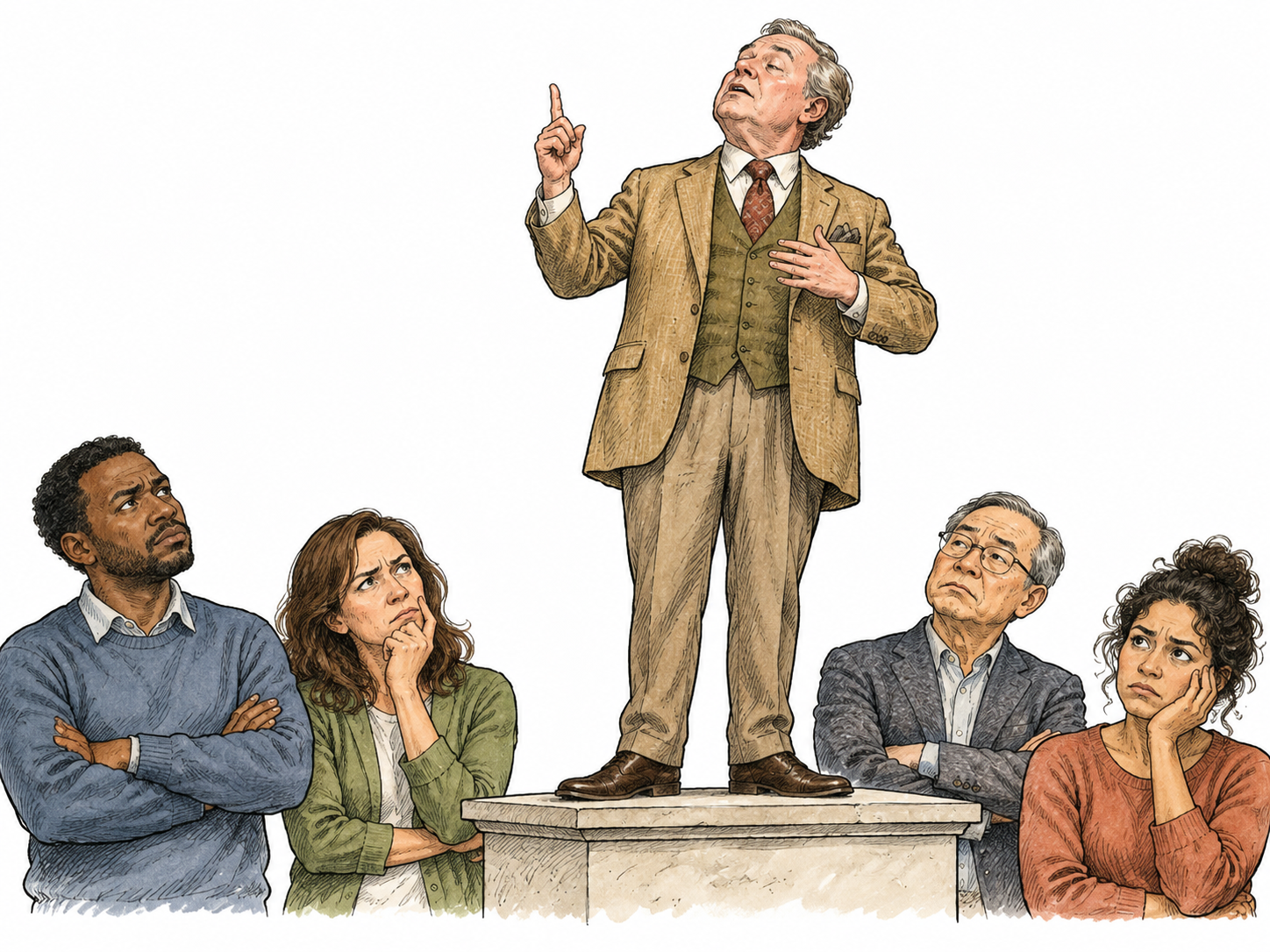 A pompous white adult holds forth with raised finger while diverse listeners appear unconvinced.