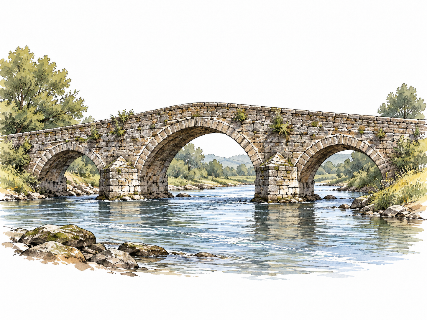 An old stone bridge firmly spans a river after generations.