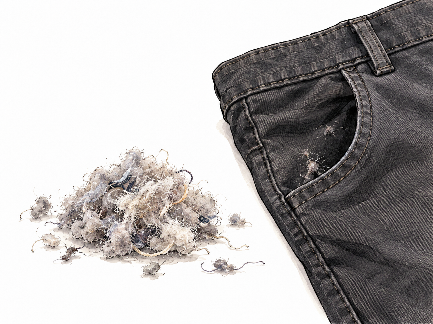 A small pile of pale textile lint beside the pocket of dark trousers.