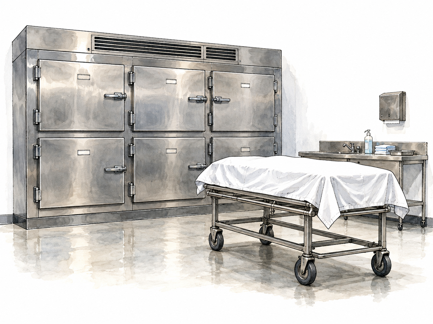 A clean quiet mortuary room with closed stainless refrigerated body-storage drawers and an empty covered trolley, no visible bodies.