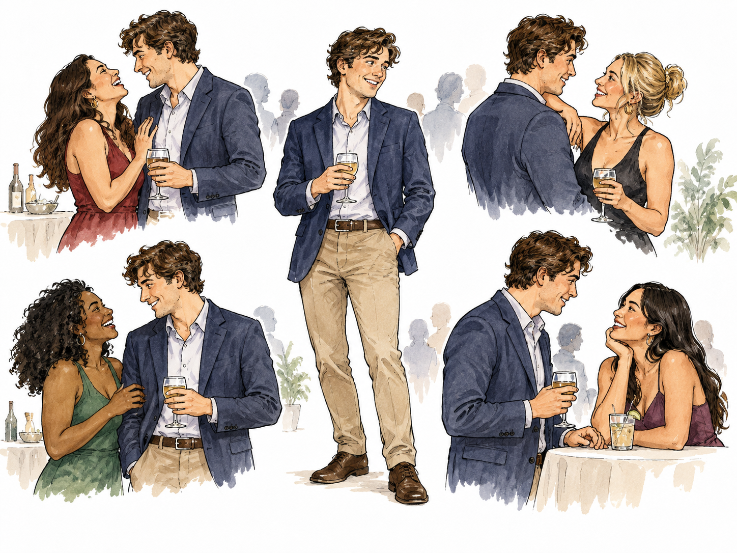 A fully clothed adult at a social gathering with several different adult flirtation partners shown in separate understated vignettes, no nudity.