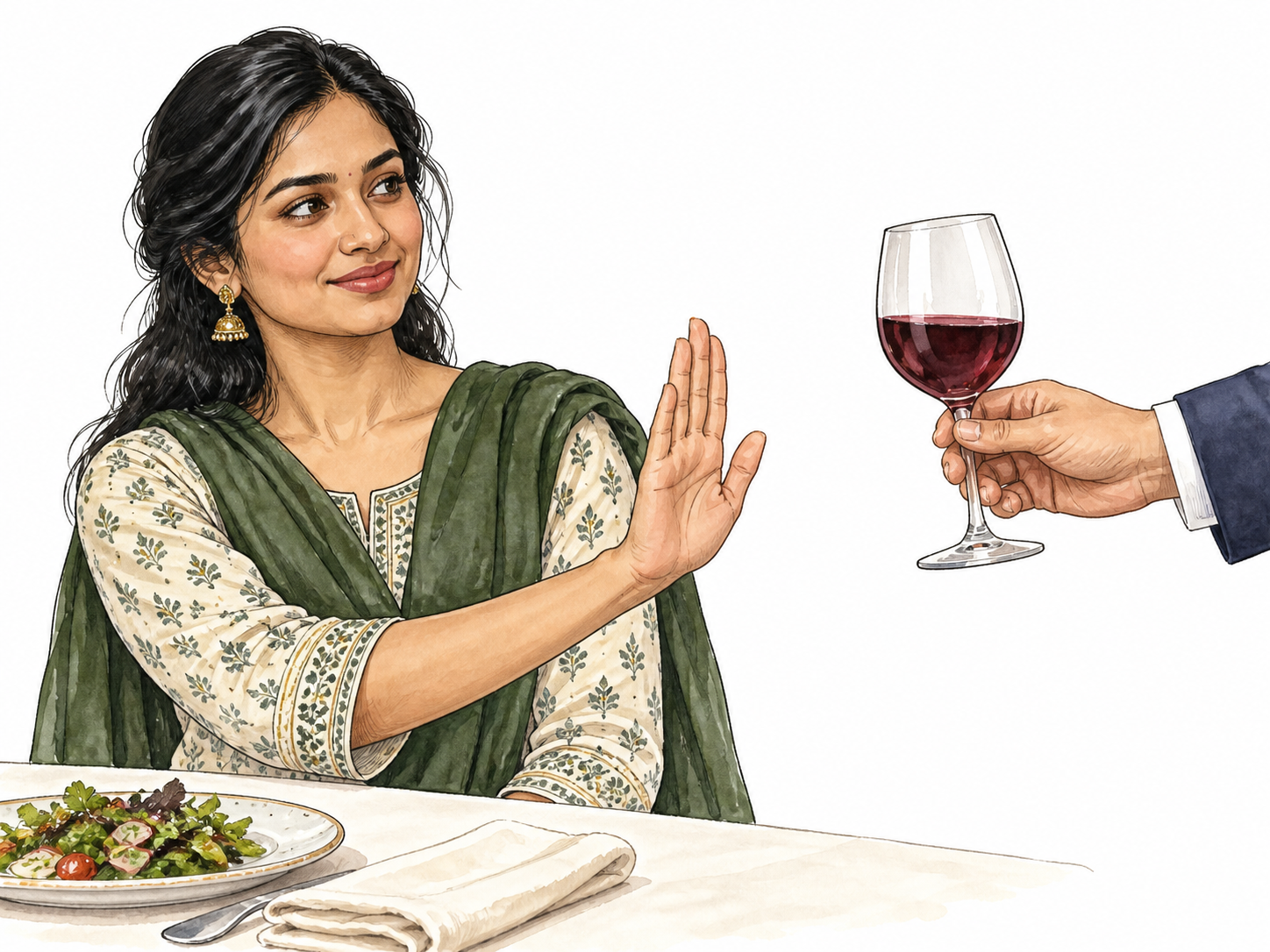 South Asian woman politely declines offered wine.