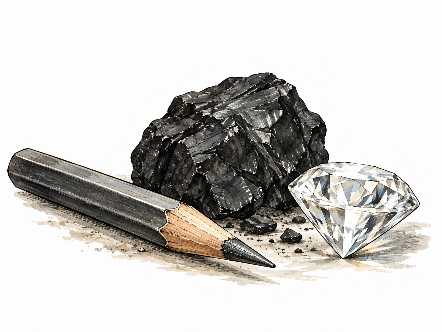 Graphite pencil, coal lump and clear diamond arranged together as contrasting carbon forms, no text.