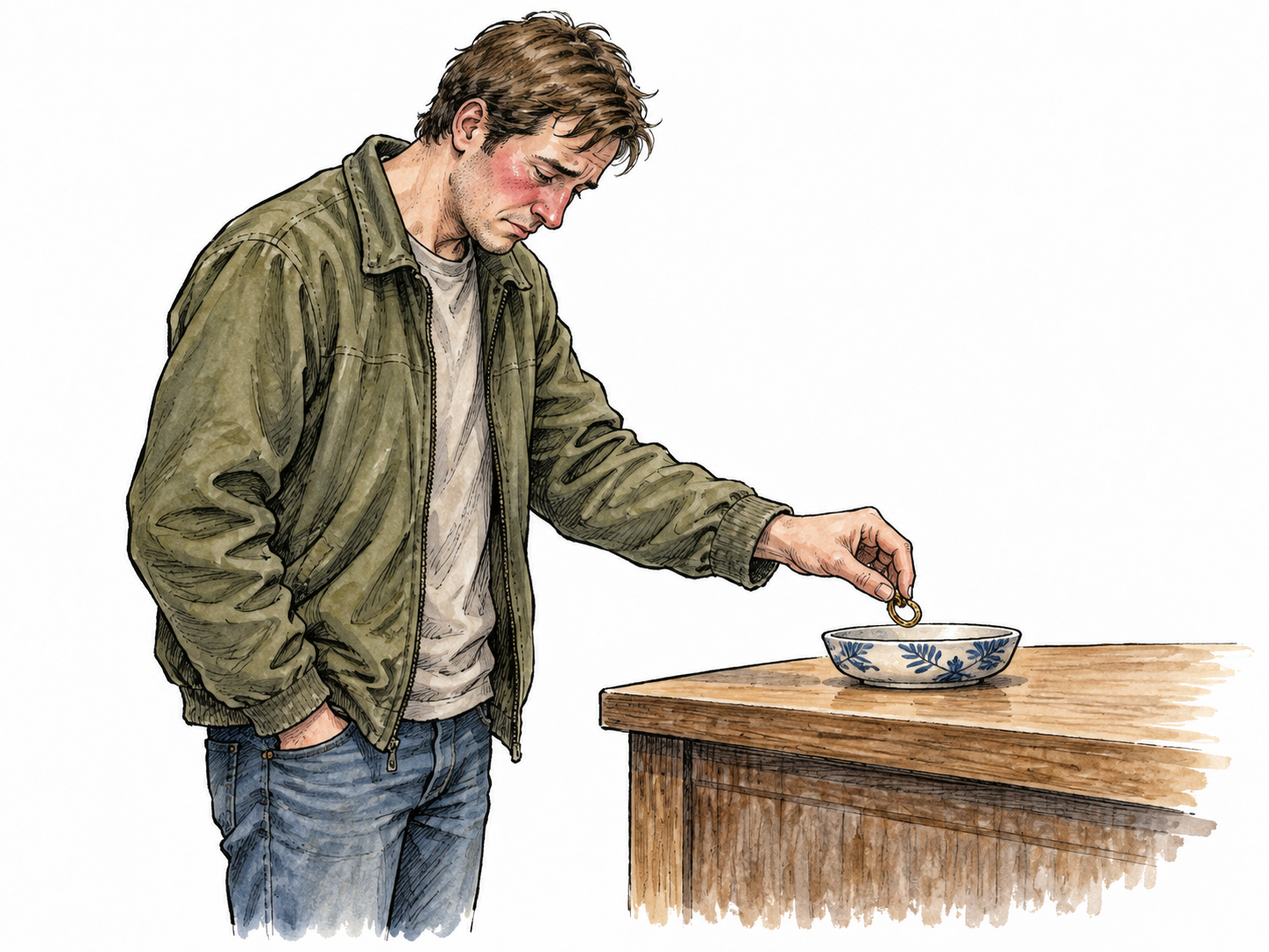 A white adult returning a stolen small object with downcast eyes and flushed cheeks, guilt and regret.