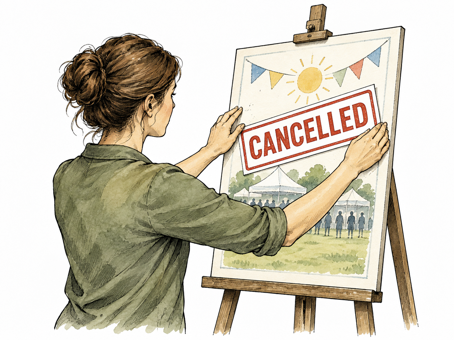 Organizer places clear CANCELLED sign on planned event poster.