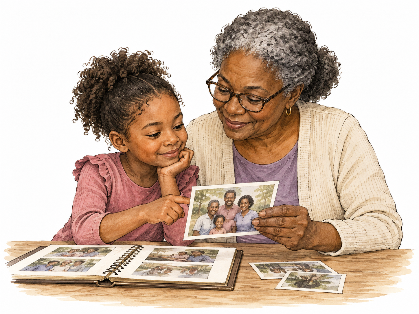 A Black grandmother and granddaughter compare a family photo together.