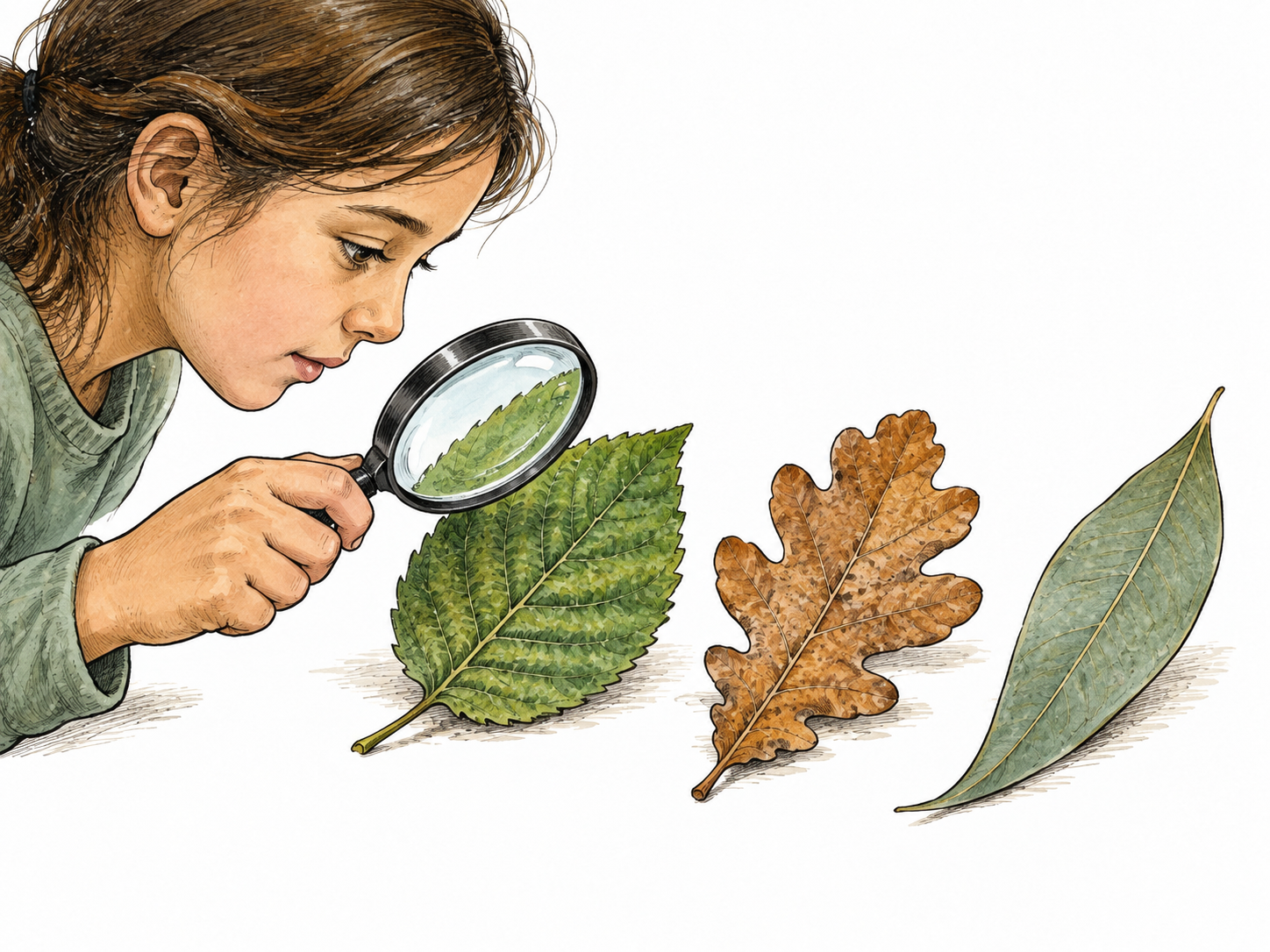 An observer compares texture, color and shape of three different leaves with a magnifying glass.