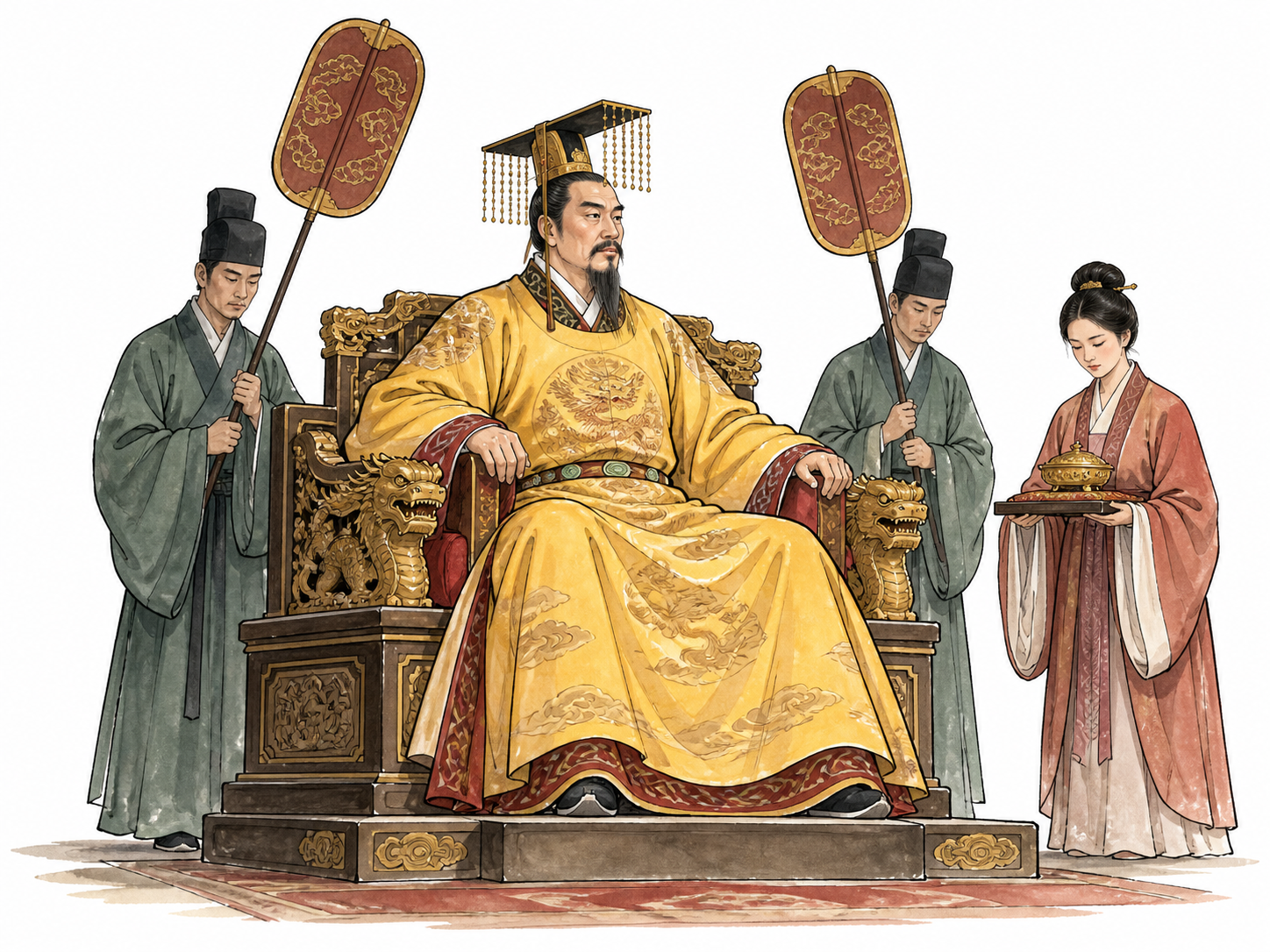 A mature East Asian emperor seated formally on a dignified throne with plain historical robes and attendants, no caricature.