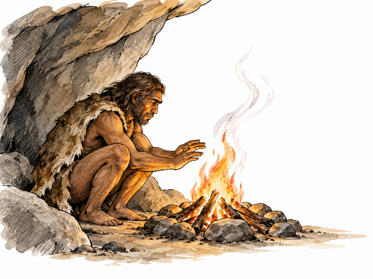 A small fire glows in an early stone shelter, basic human need for warmth.