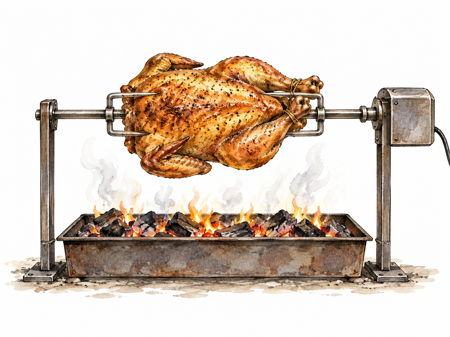 A golden chicken rotates on a horizontal spit above a heat source.