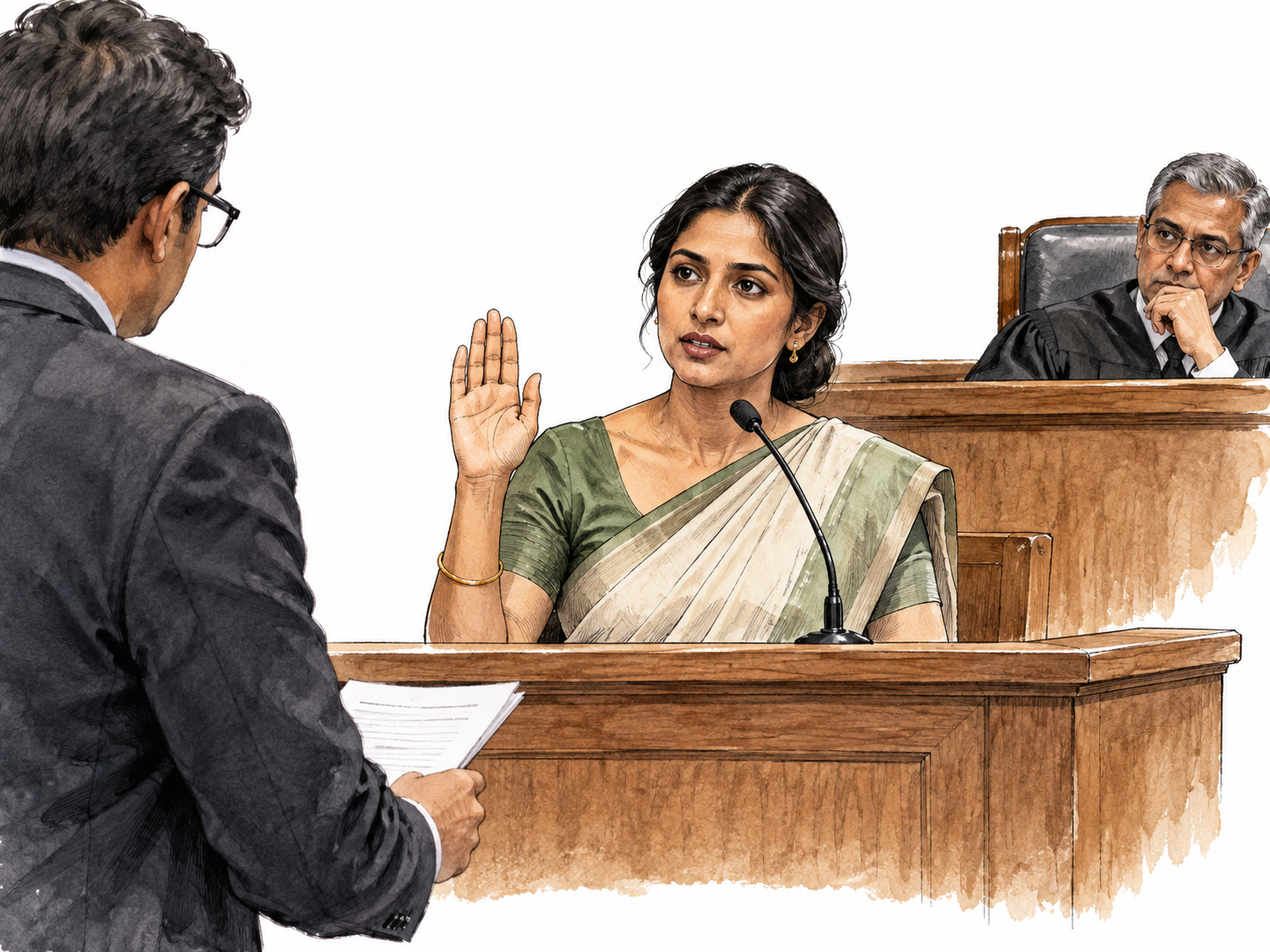 South Asian woman testifies in witness box.