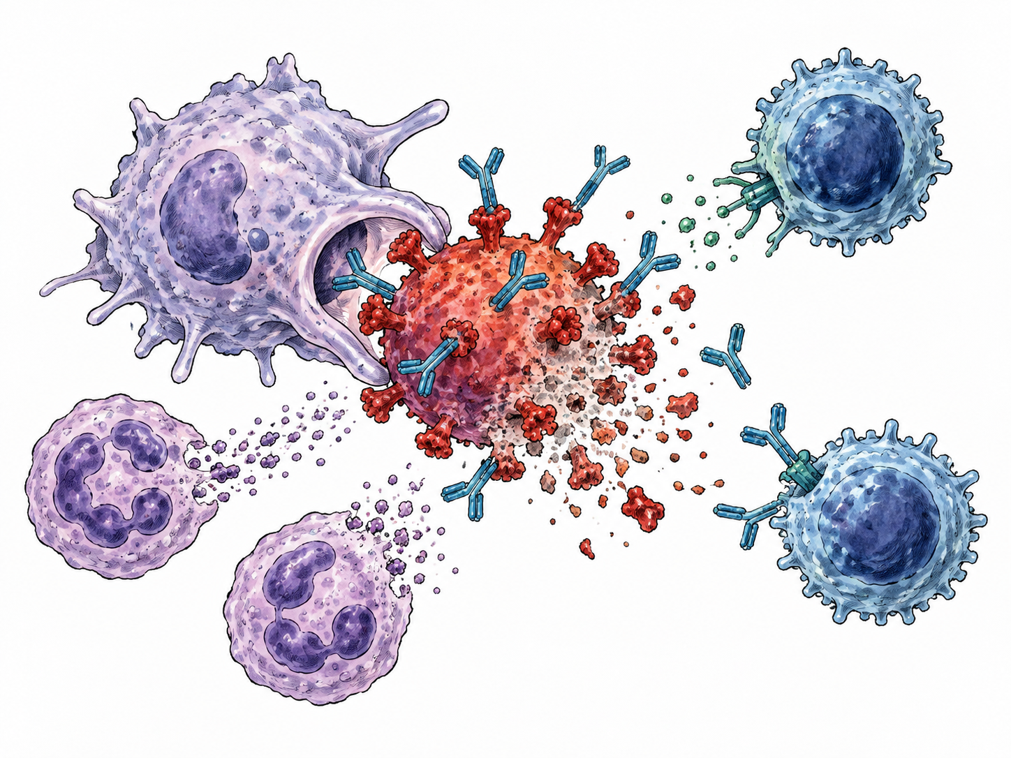 Immune cells surround and neutralize pathogen, educational schematic.