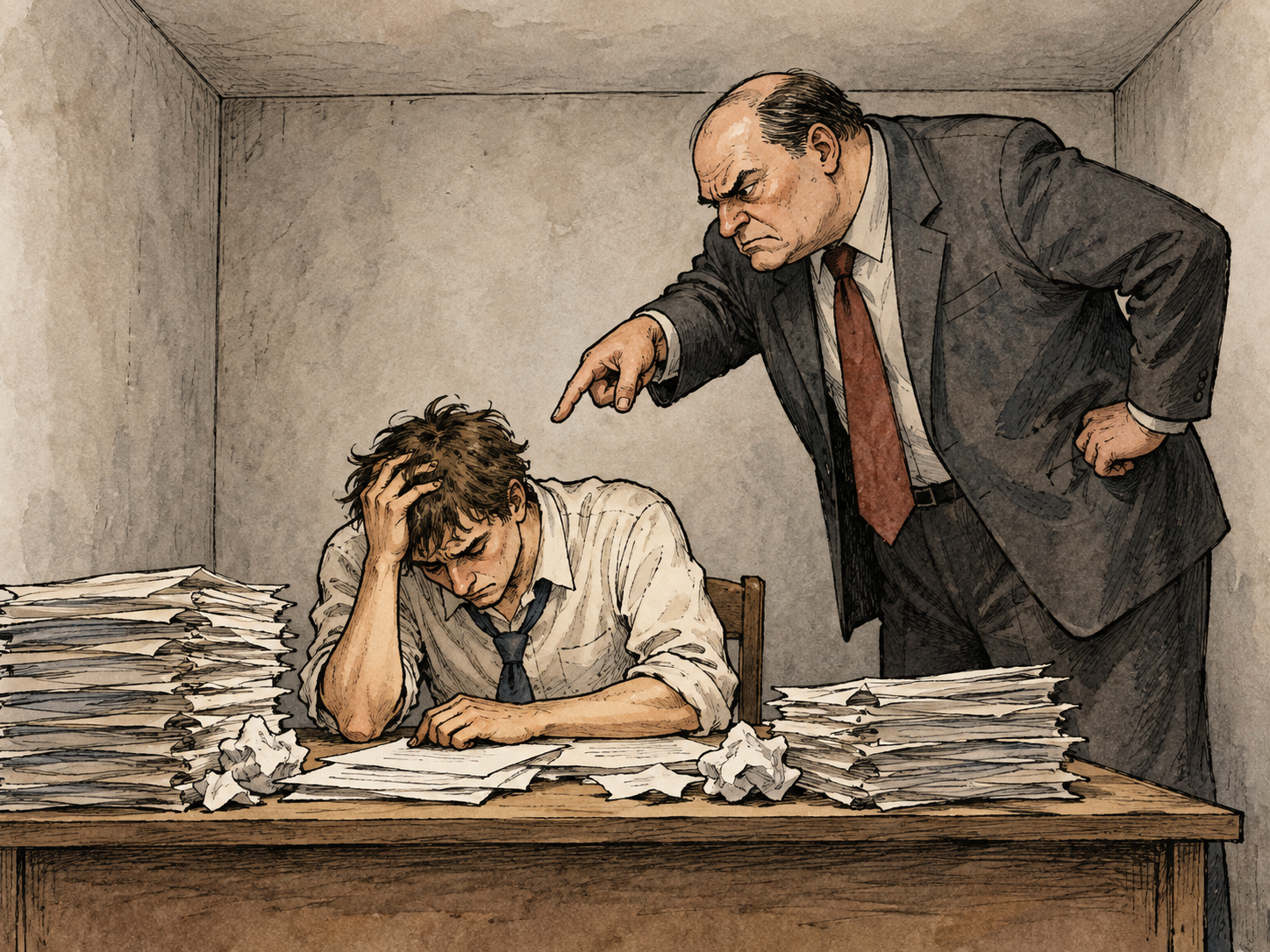 Cramped windowless room and exhausted worker beneath domineering supervisor.