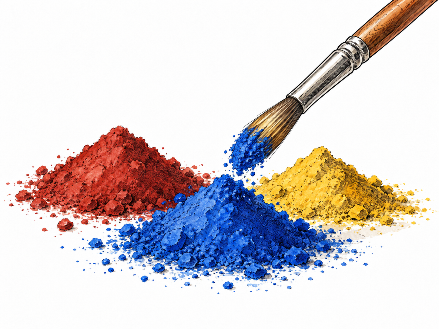 Three mounds of finely ground colored pigment with a paintbrush picking up vivid blue powder.