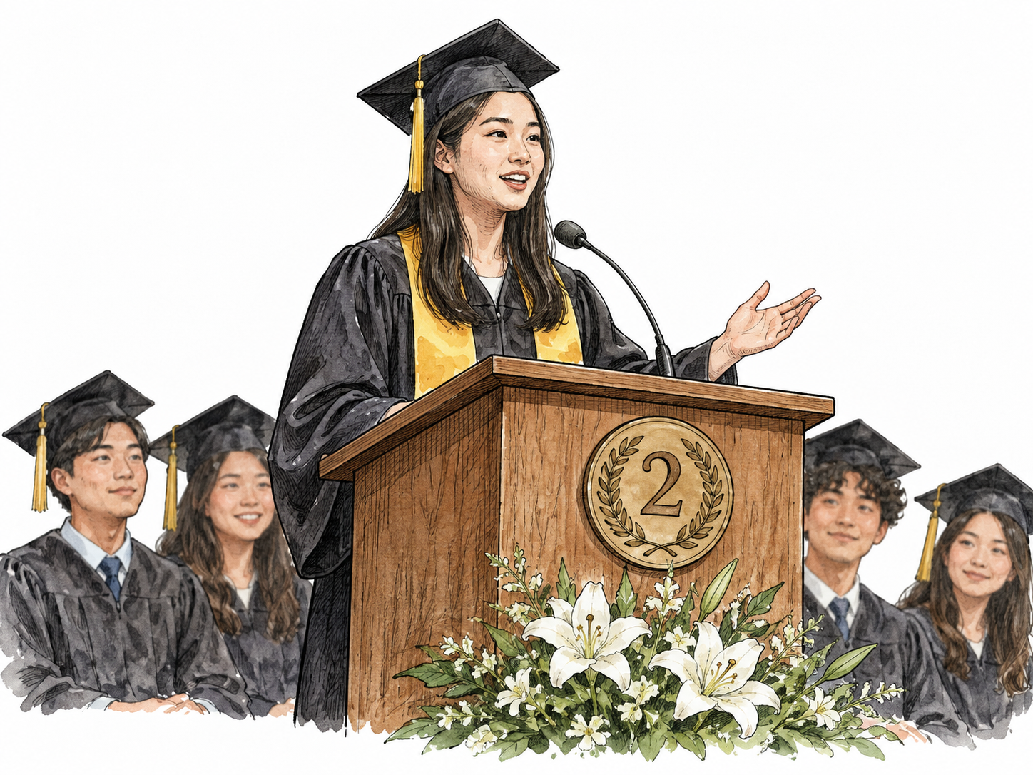 A graduating East Asian student giving a welcoming speech from a podium, small academic podium badge reading exactly '2', cap and gown, peers behind.