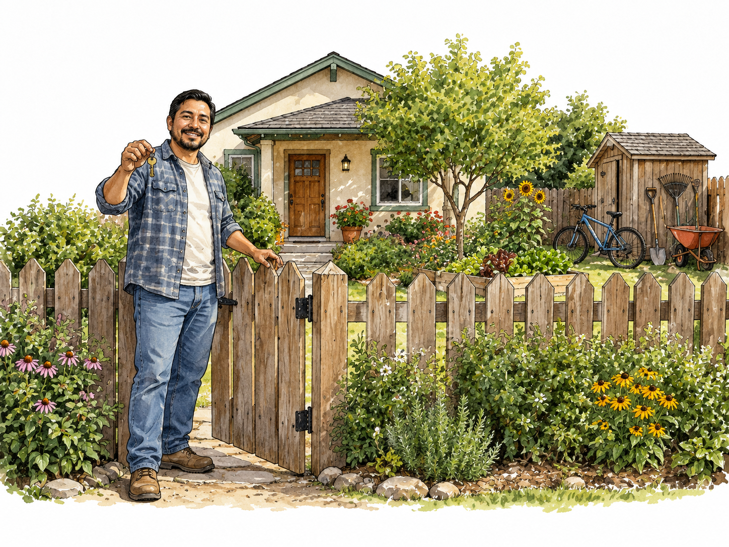 Small house with garden, bicycle and tools behind its fence; a Latino homeowner holding the gate key.