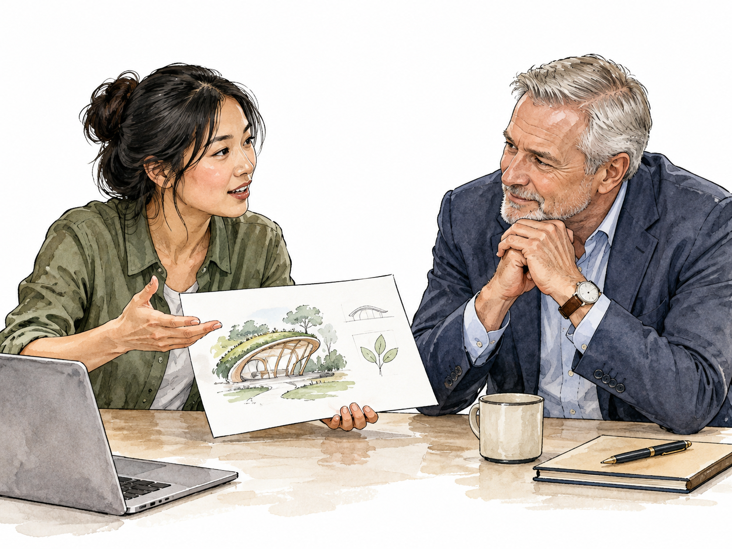 A thoughtful older white manager leaning forward attentively as a younger East Asian colleague presents a fresh sketch.