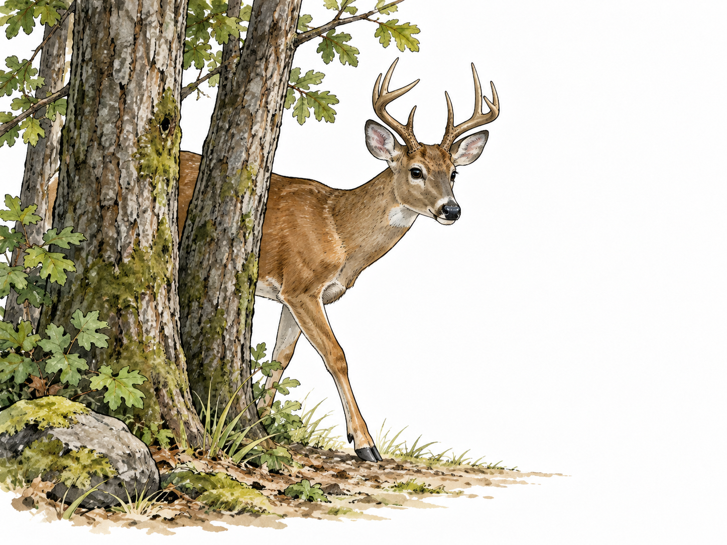 A deer emerges gradually from behind woodland trees.