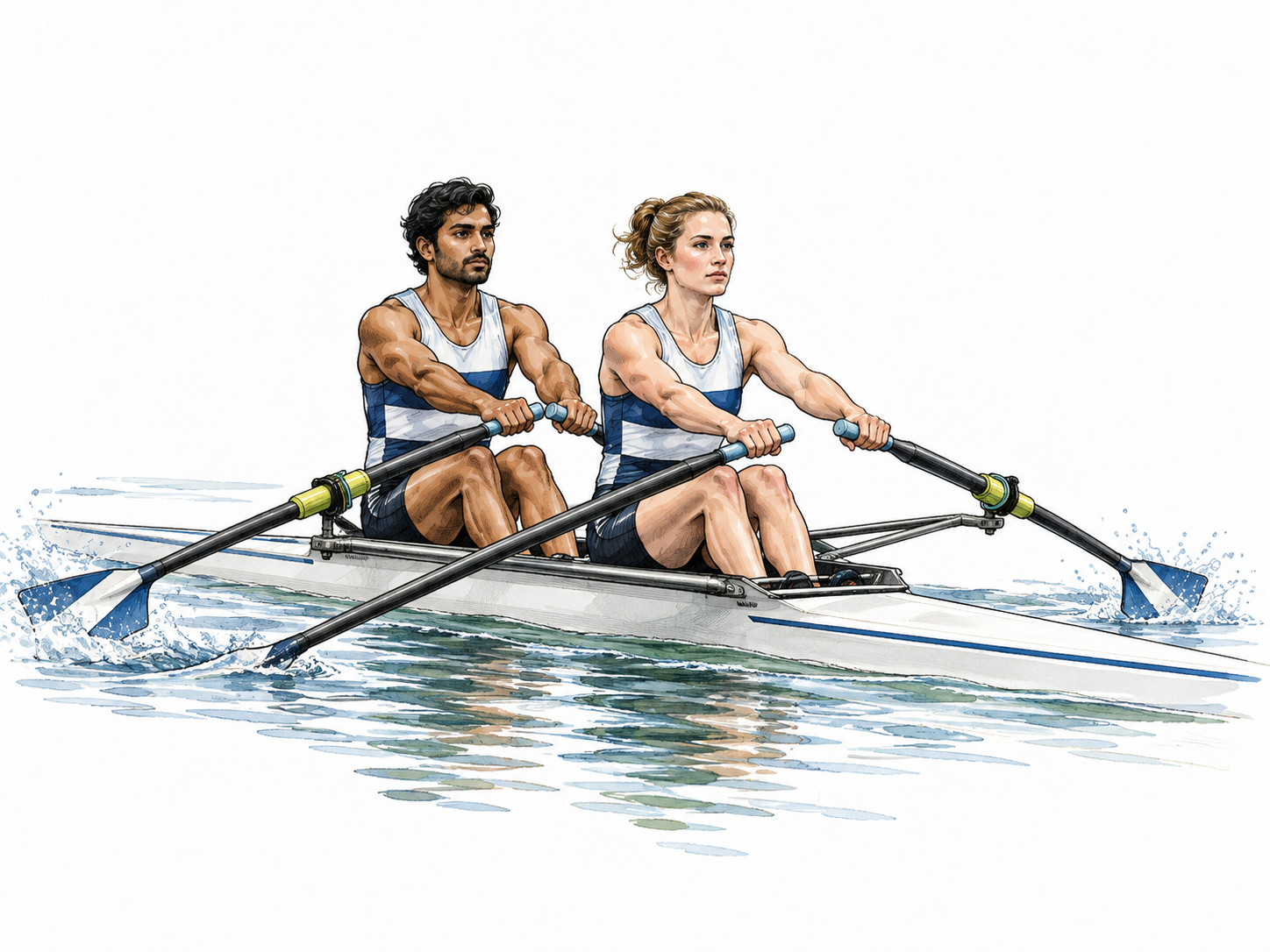 A synchronized rowing pair, white woman and South Asian man, moving oars in unison in a narrow boat.
