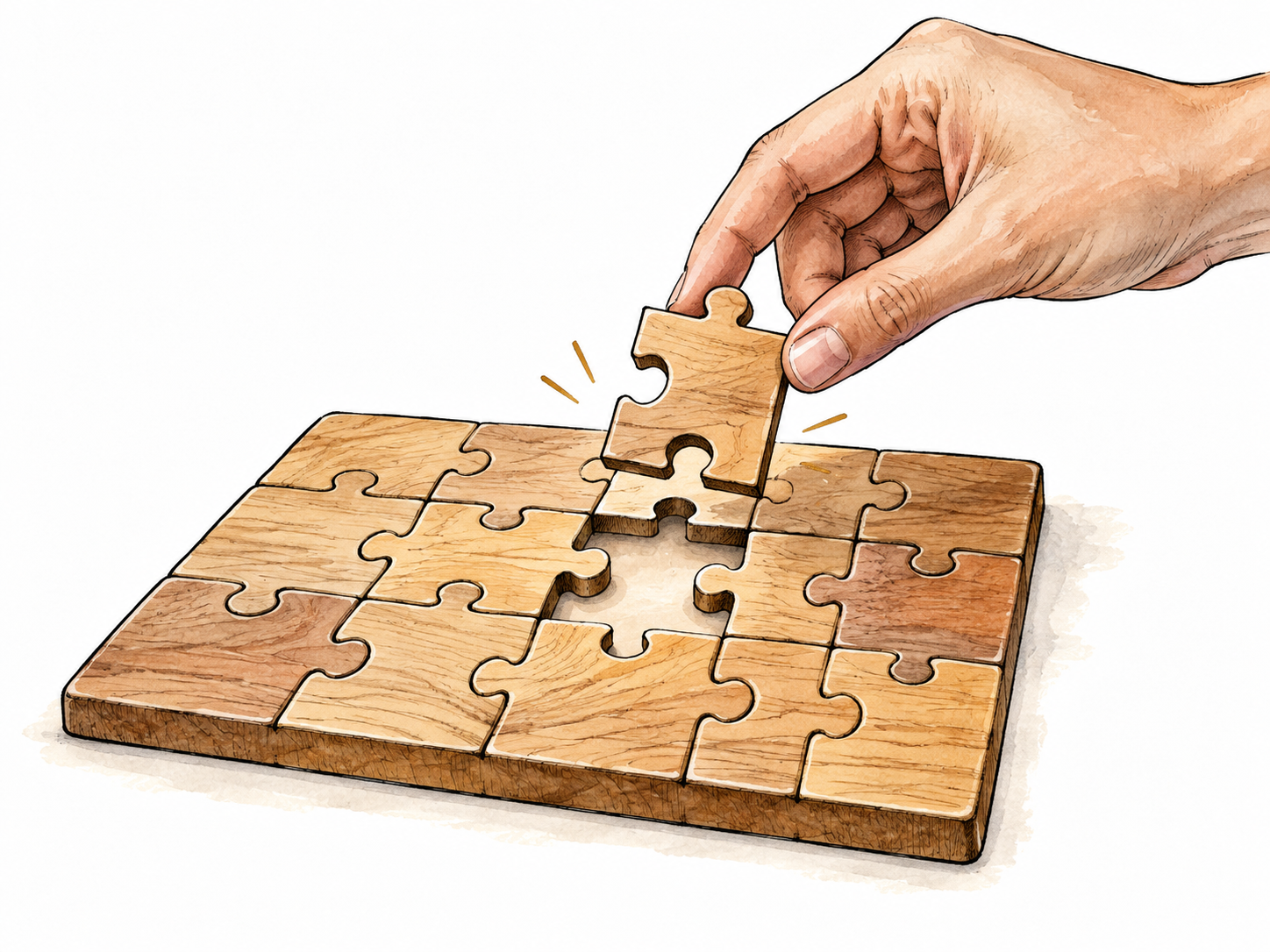 A clear completed wooden puzzle with its last piece fitting exactly.
