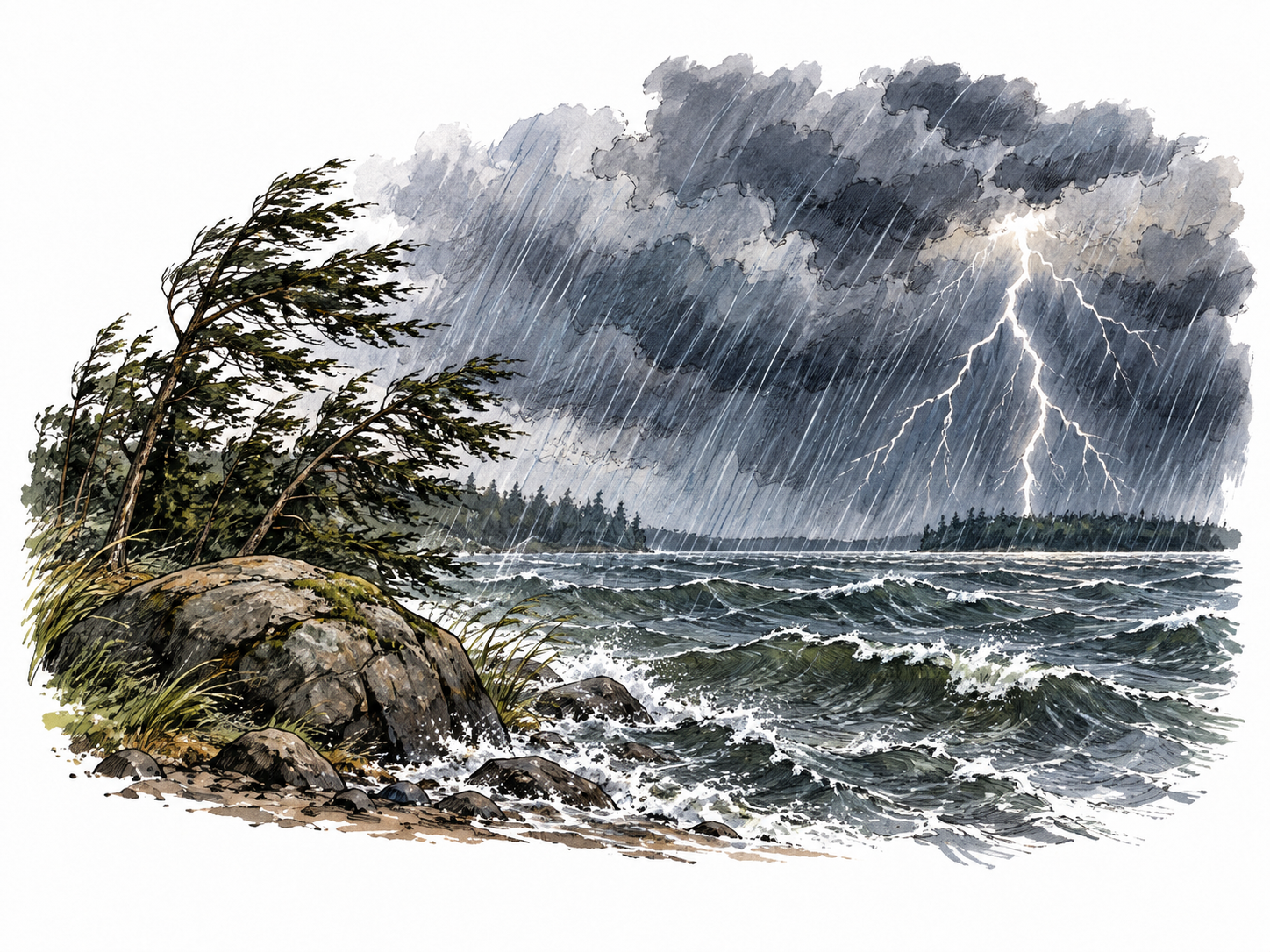 A dark thunderstorm over a windswept lake, rain and lightning, natural severe weather.