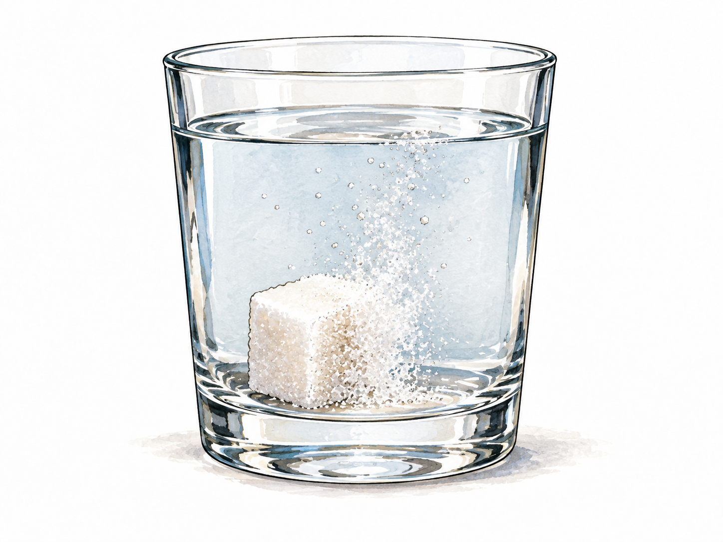 A sugar cube partly dissolves in clear water, dissolving edges visible.