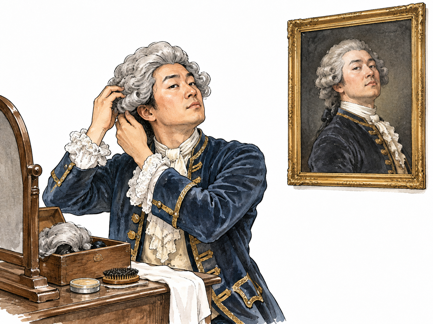 East Asian performer puts on gray wig and copies portrait pose.