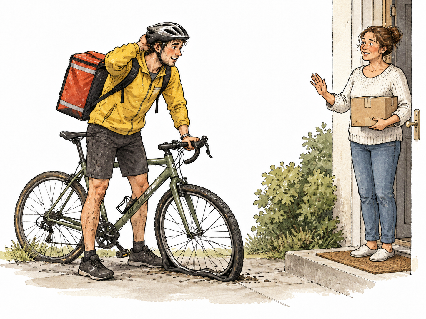 A delivery cyclist arrives late after a visible flat tire, understandable delay.