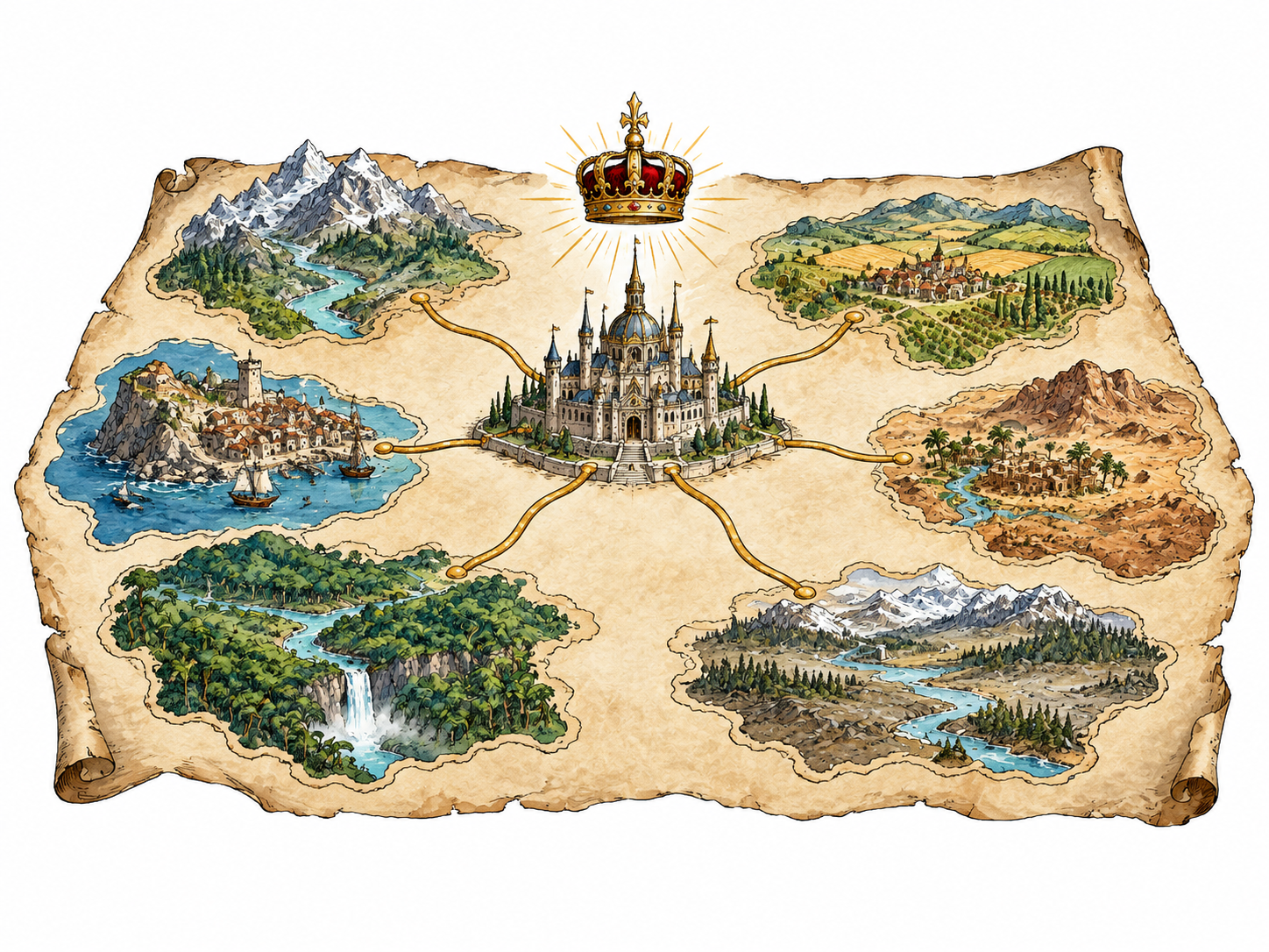 A single sovereign's palace at center of a parchment map connecting multiple distinct territories under one crown symbol, no labels.