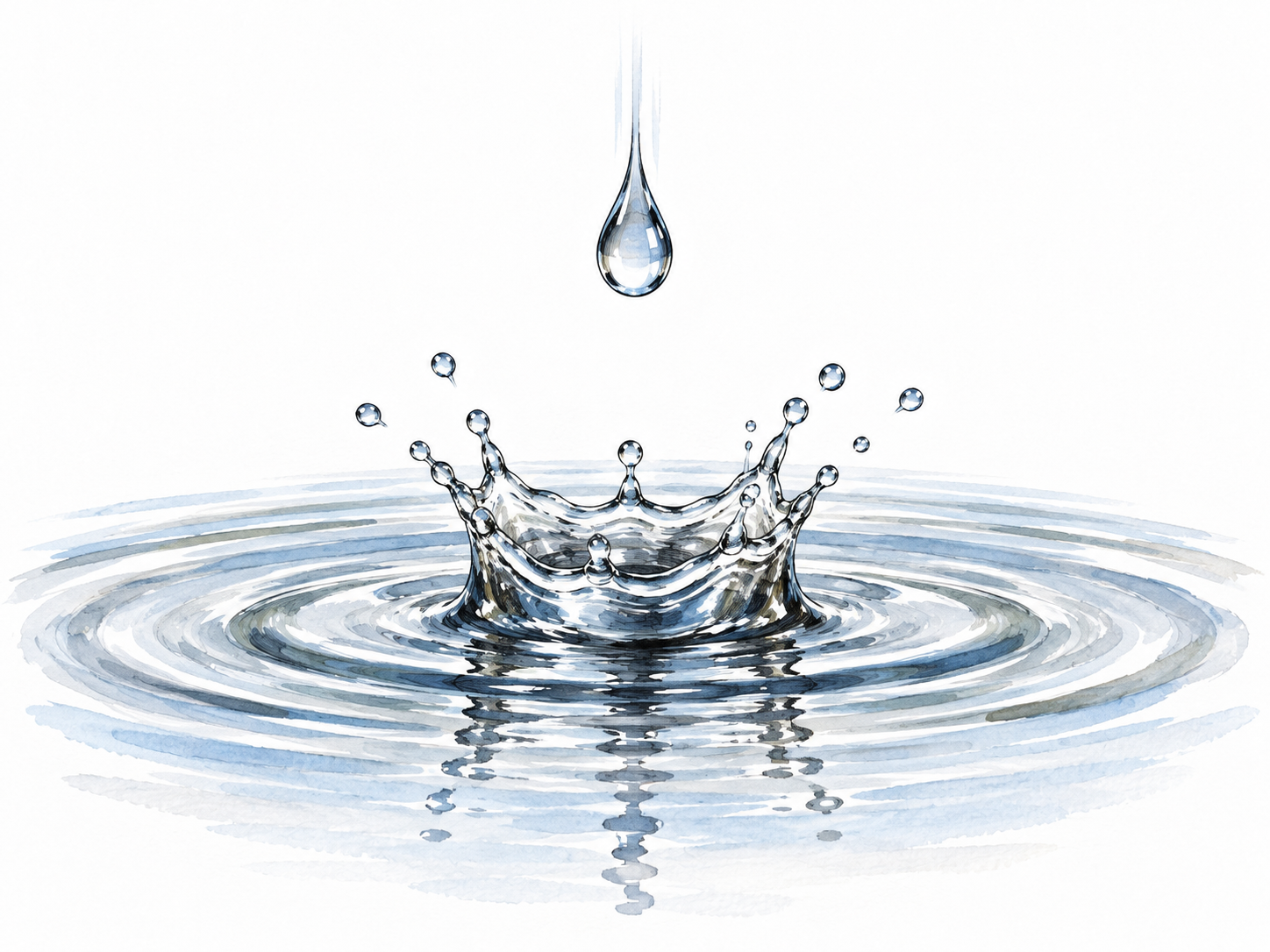 Single raindrop splashes into still water, macro view.