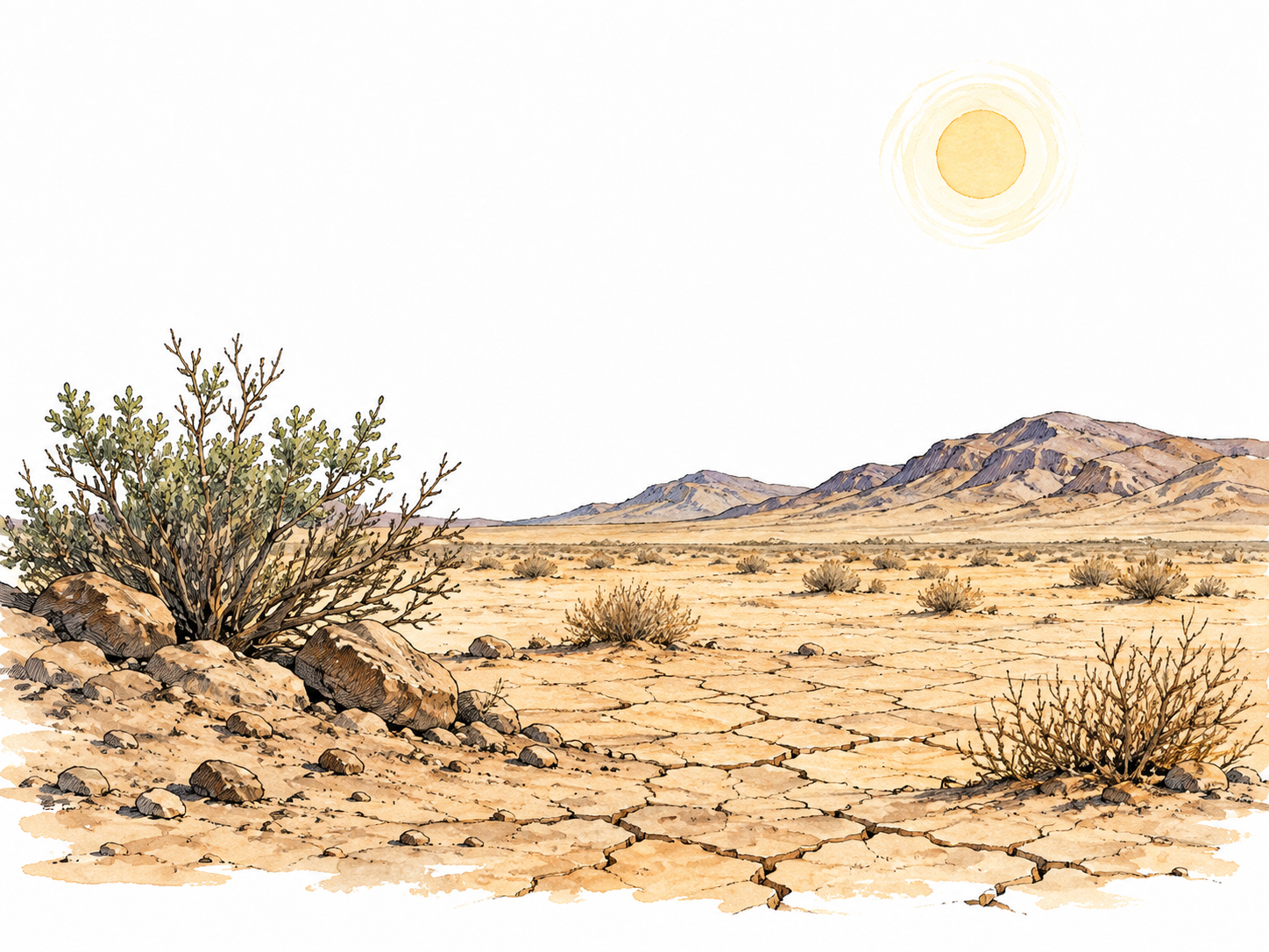 An arid desert landscape with sparse scrub and sunbaked soil.