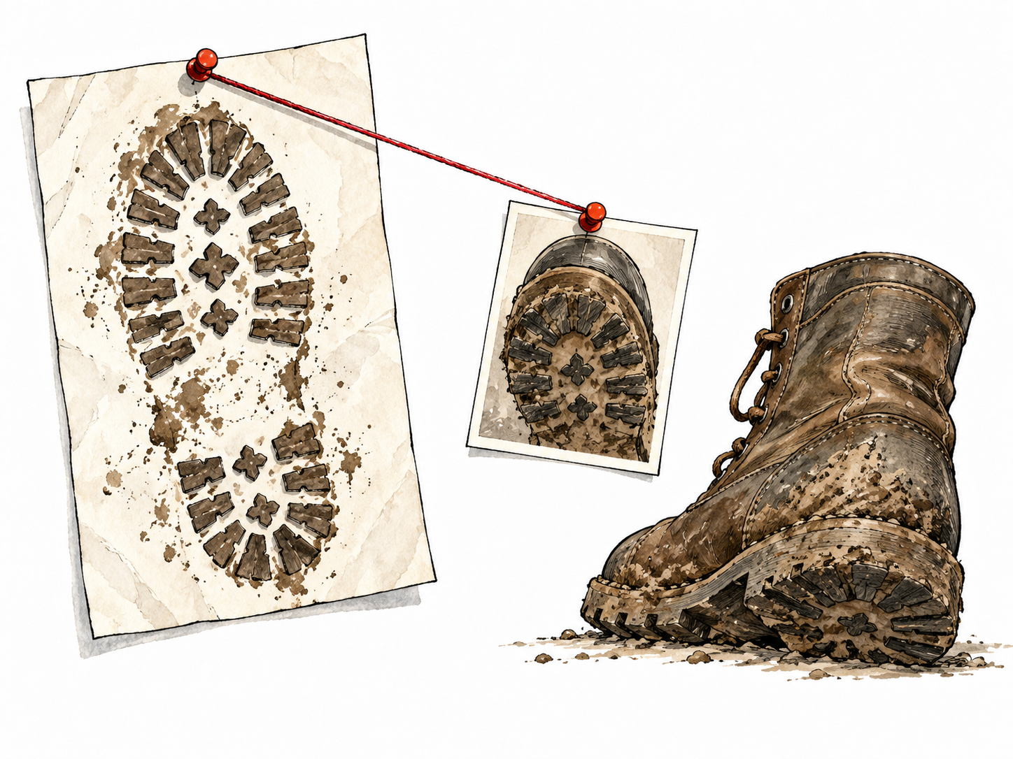 Evidence board connects a suspect's distinct boot print to matching muddy boot, no real identities.