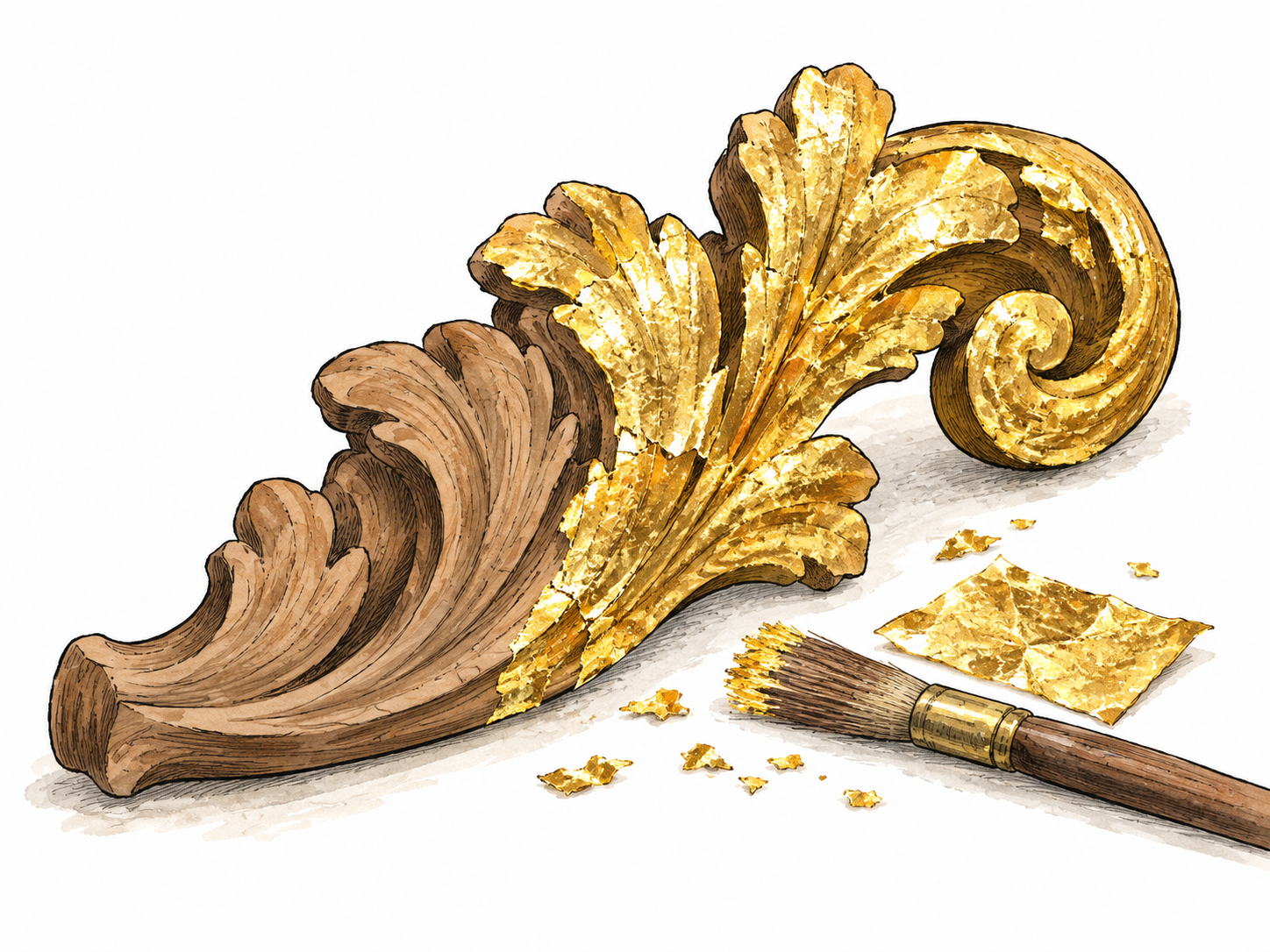 A carved wooden ornament partly covered in glowing gold leaf.