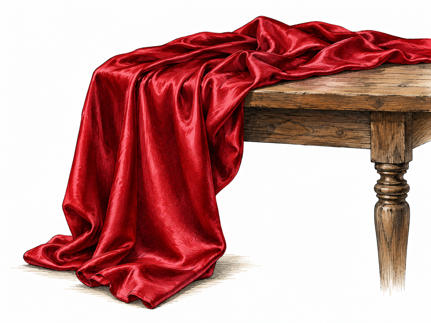 Rich crimson silk draped on table.