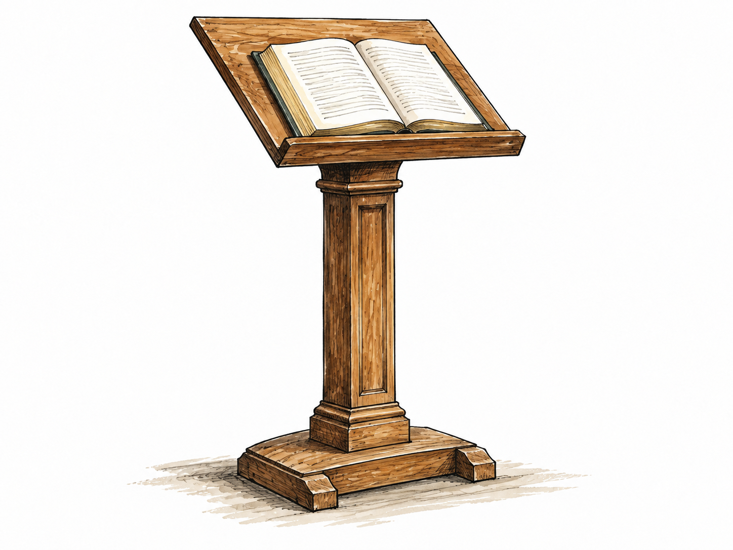 Wooden slanted lectern supports an open book at standing height.