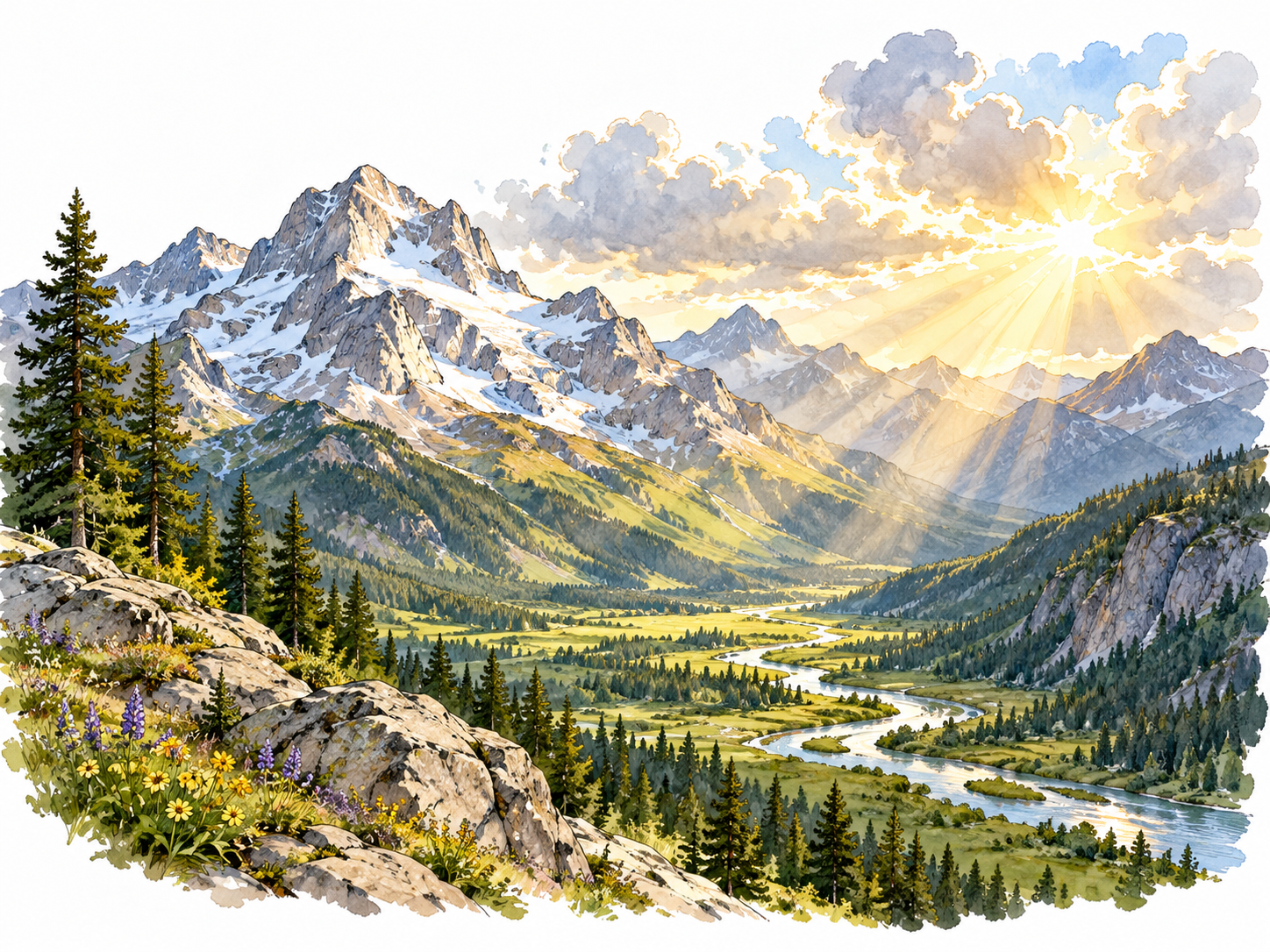 A magnificent sunlit mountain valley under luminous clouds, natural splendor.