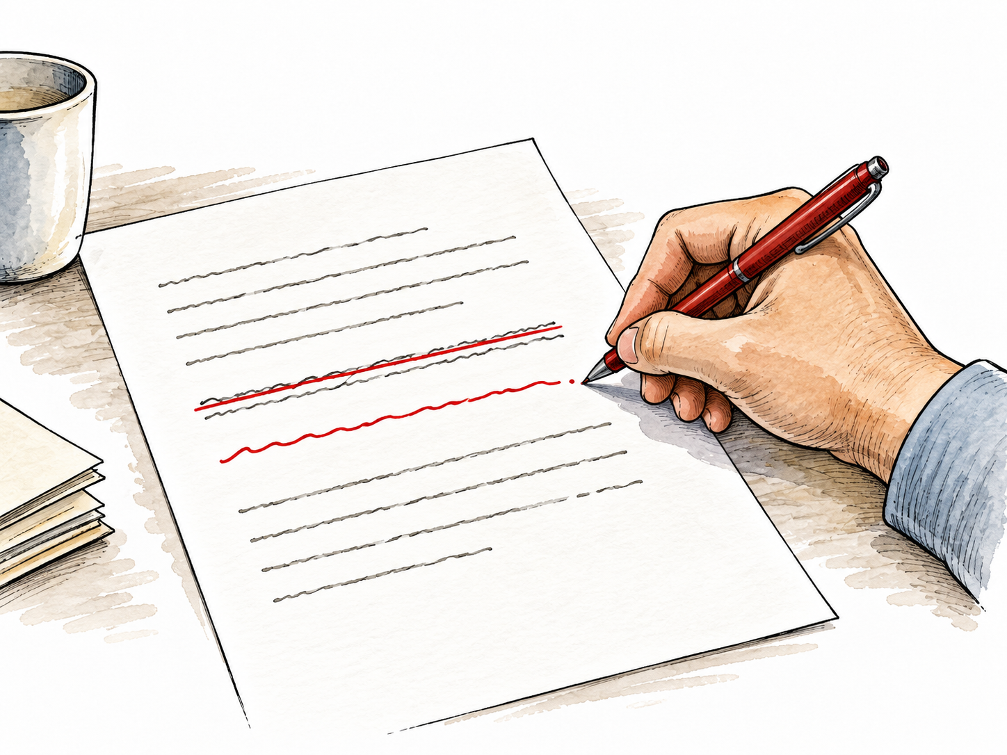 White editor replaces one mistaken sentence on a page with a clear improved line, minimal text.