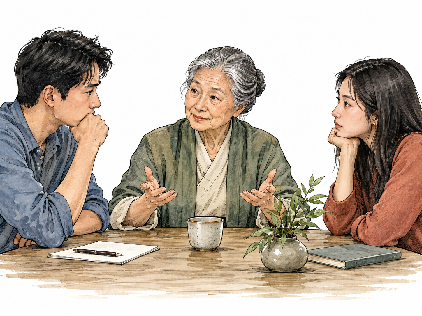 Wise older East Asian woman thoughtfully resolves disagreement between two younger adults.