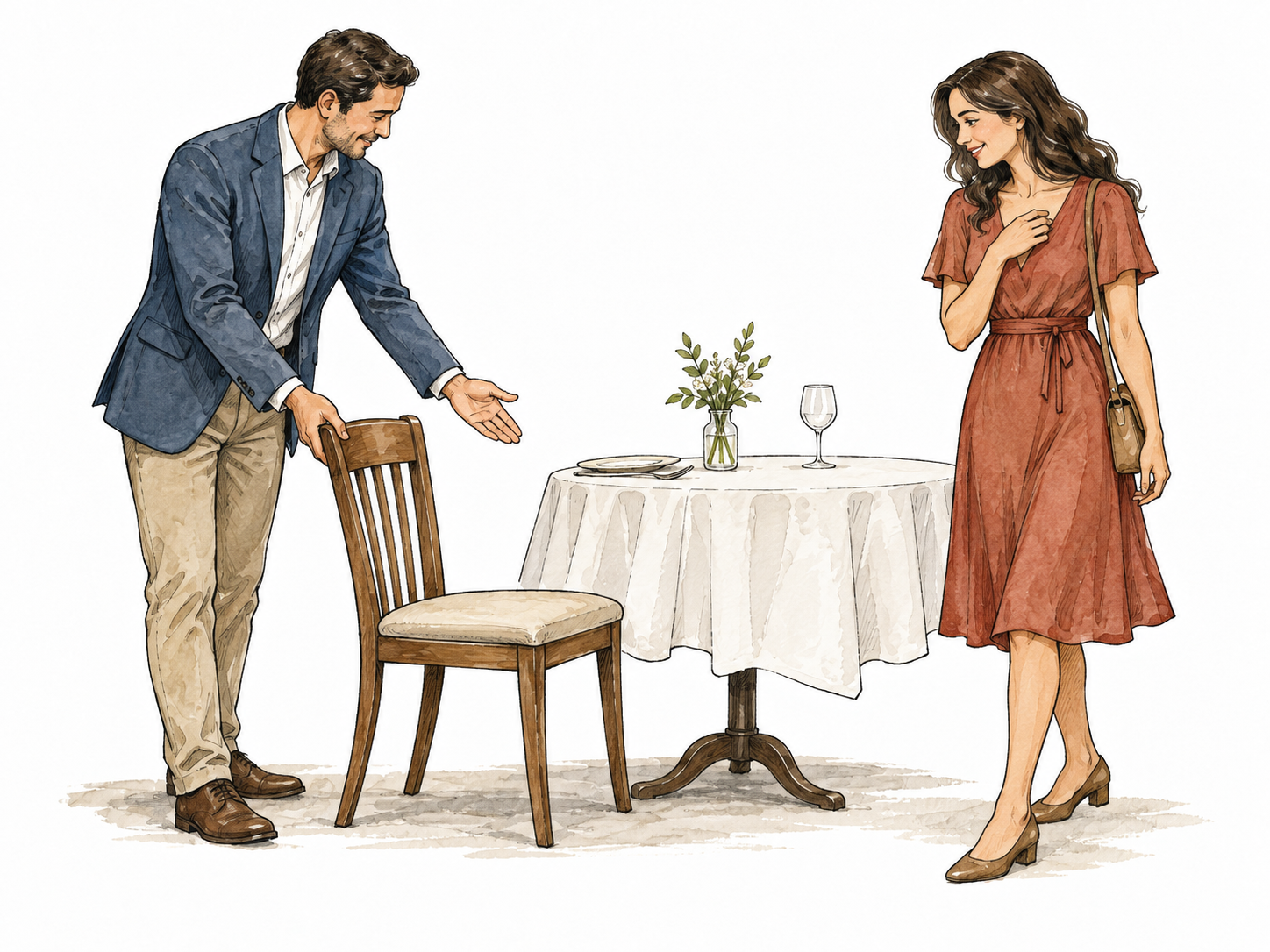 A host silently pulls out a chair for a guest, invitation understood without words.