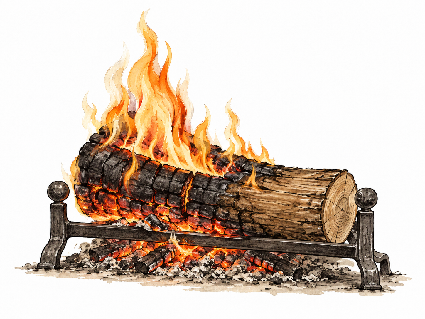 A small log being consumed by controlled flames in a fireplace, charred black edge and glowing embers.