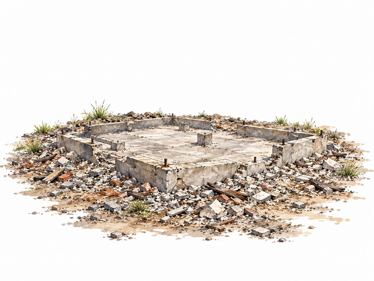 A clean empty stone foundation surrounded by fine rubble where a small building has been completely removed, no people or casualties.
