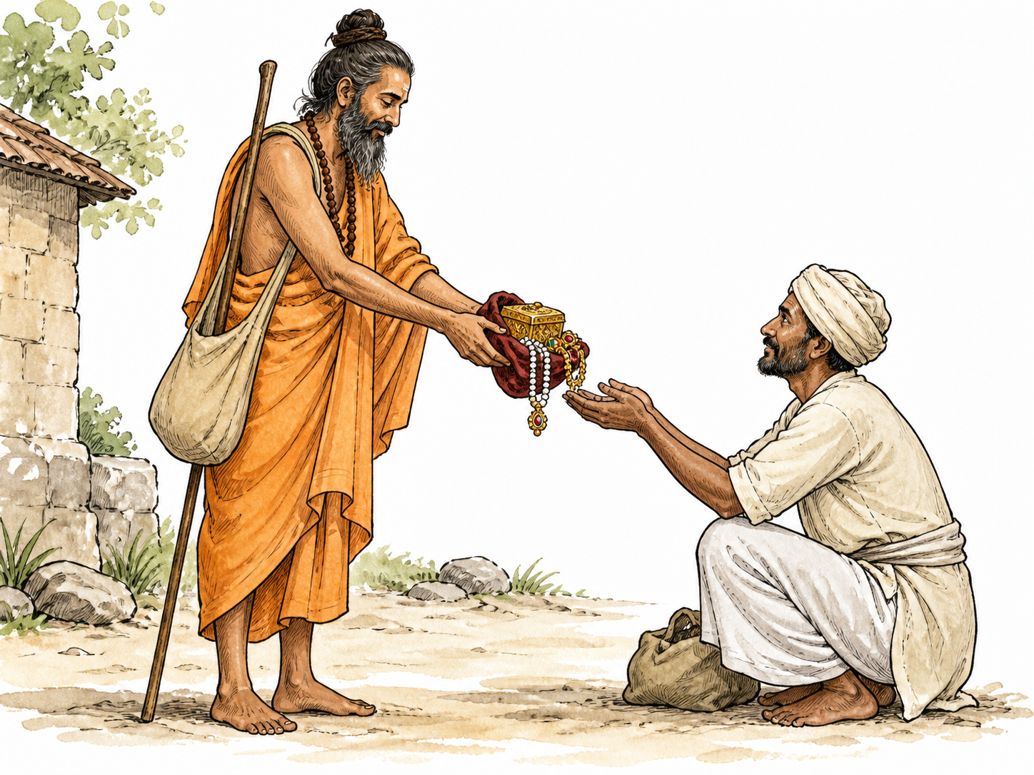 South Asian ascetic voluntarily gives away valuable possessions.