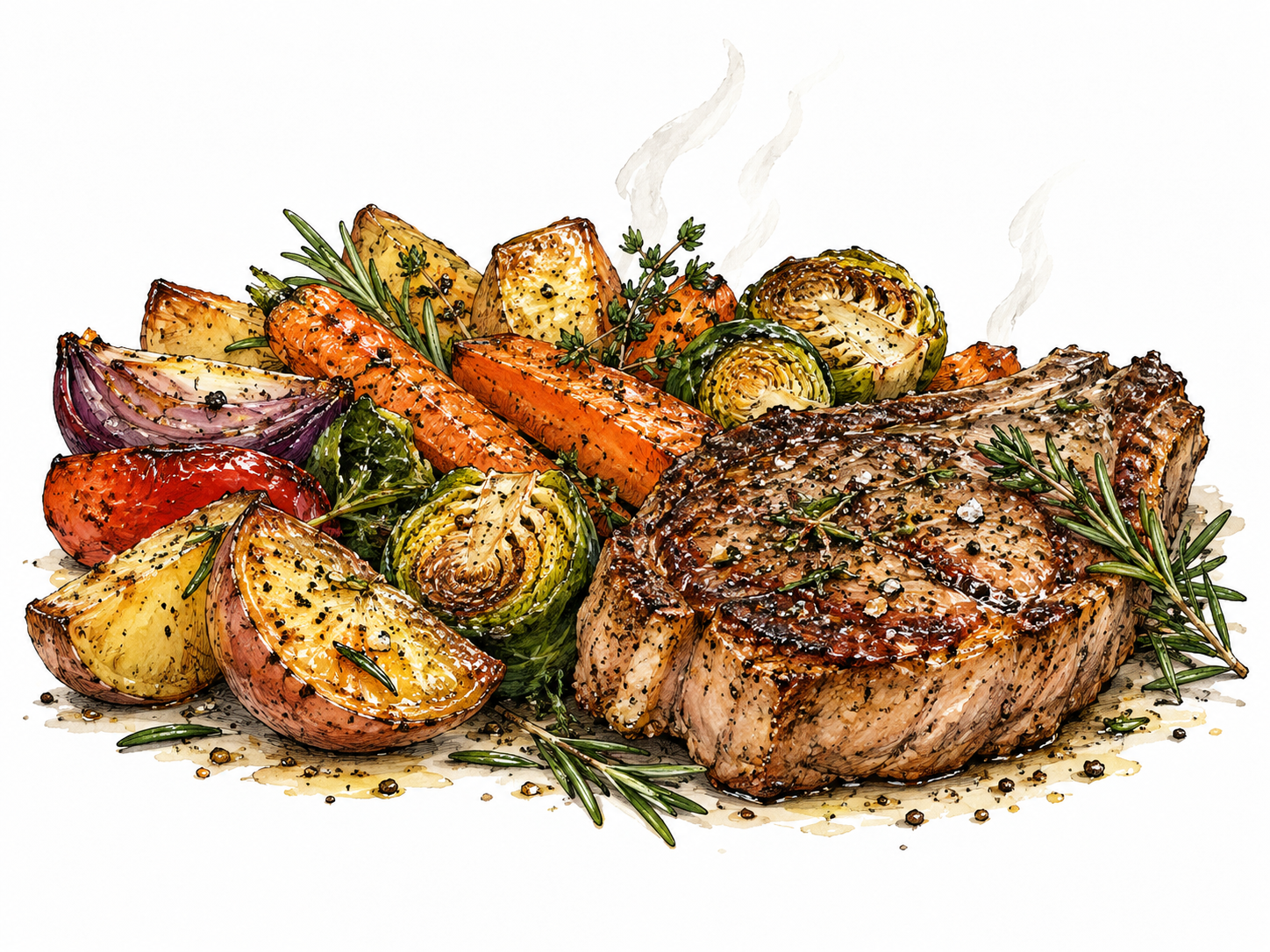Savory roasted vegetables and herb seasoned meat, no dessert.