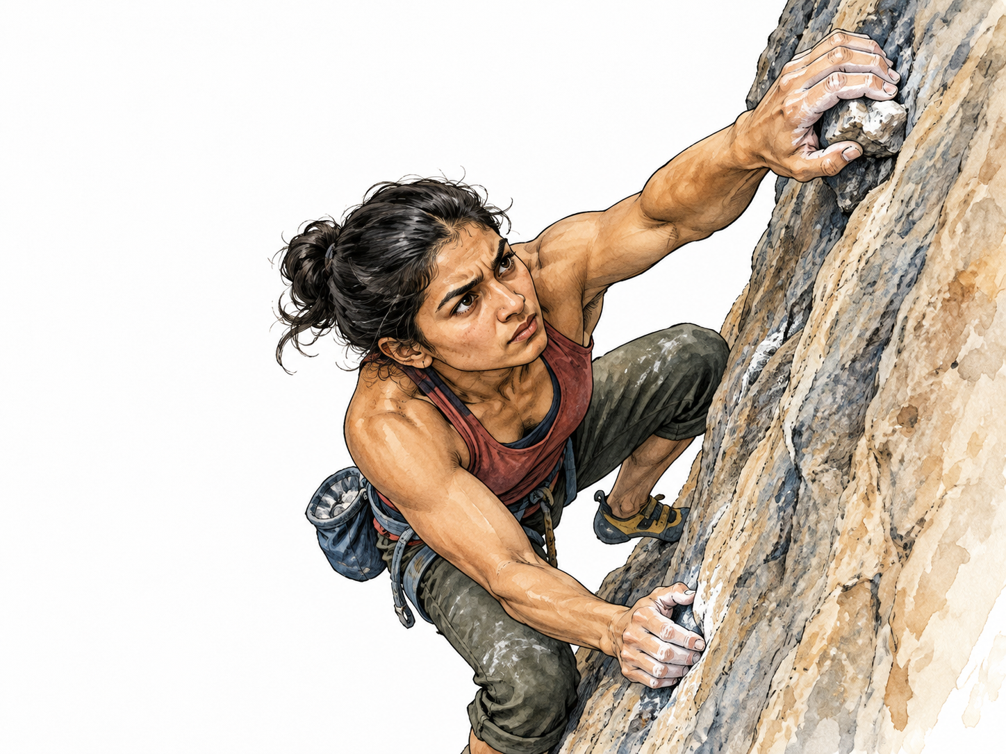 A South Asian athlete grips a climbing hold with deeply focused effort.