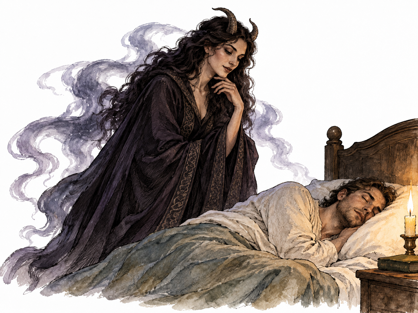 Folkloric fully clothed adult female demon with subtle horns looming alluringly at a sleeping adult man's bedside; dark flowing robe fully covers body, dream atmosphere, no nudity or touching.