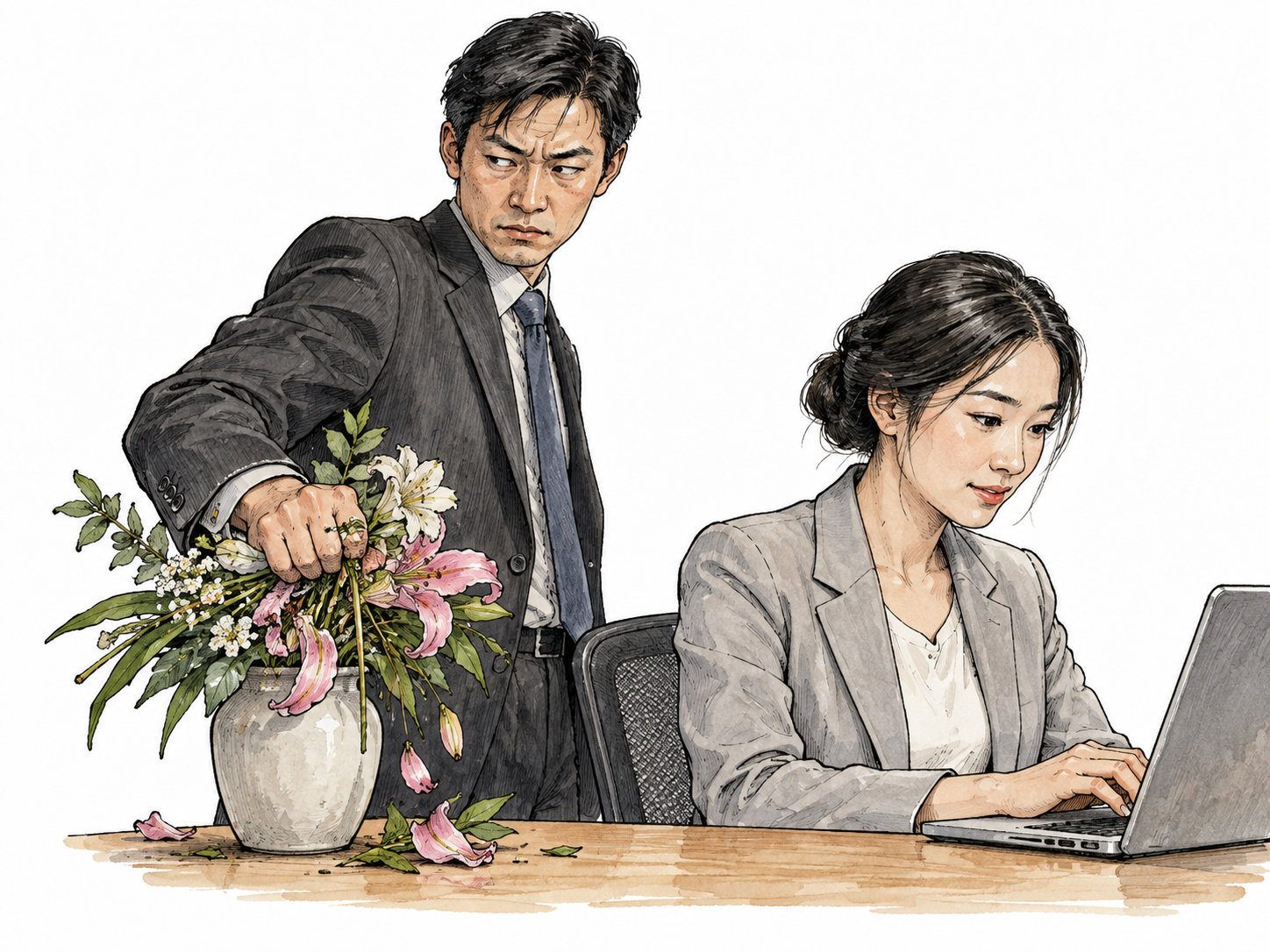 An East Asian adult with a cold resentful expression covertly crushing a colleague's flower arrangement, behavior communicates harmful wish.
