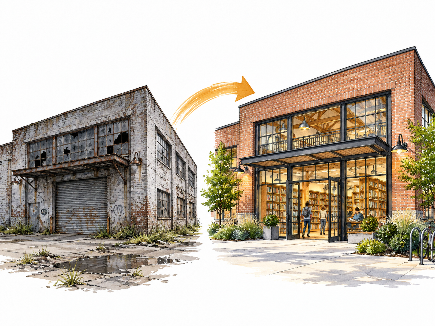 Before and after old warehouse converted into bright library.